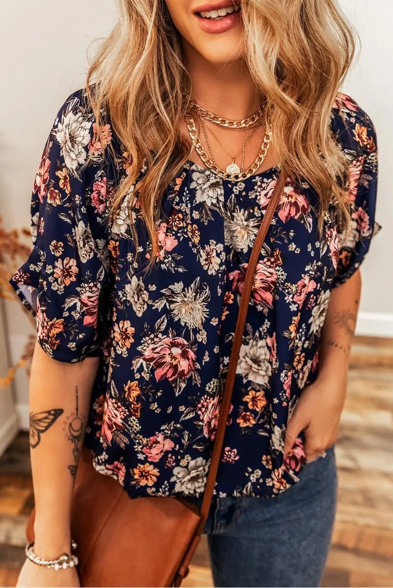 Blue Floral Short Sleeve Scoop Neck Casual Blouse for Women - Love Salve